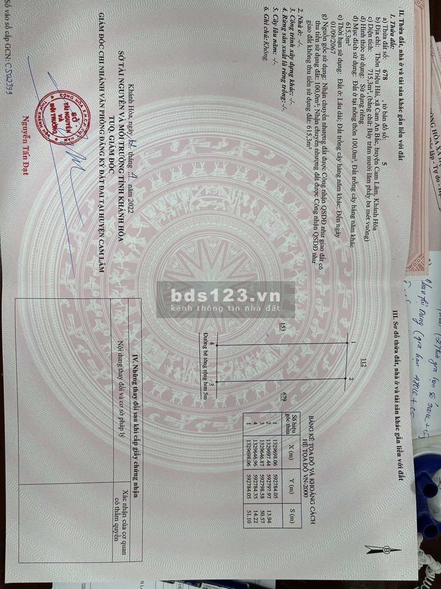 Bán đất diện tích 715.3m2. Gần dự án Vinhome Cam Lâm liên hệ 0961885151
