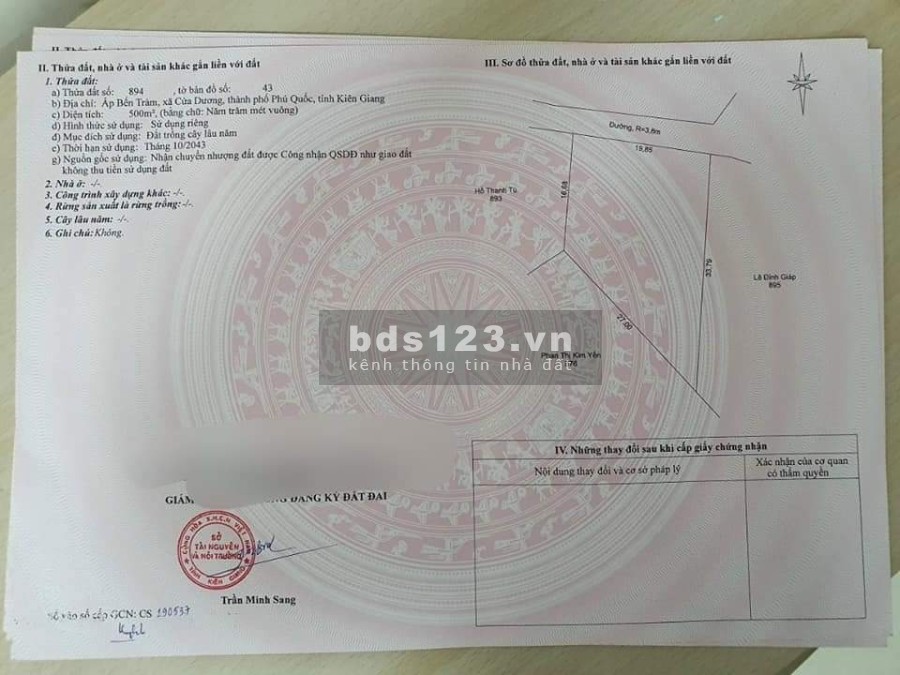 Bán 500m2 đất Bến Tràm, Phú Quốc, Tuân Trần 2 vào chỉ 2,3 tỷ, sổ hồng riêng, đường ô tô vào