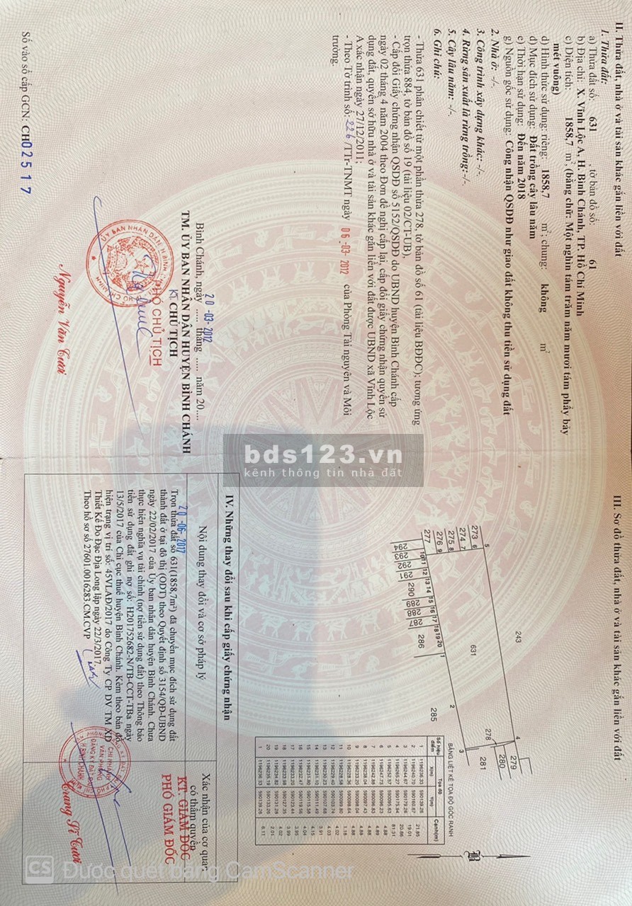 Bán Lô đất diện tích 2041,7 m2 (thổ cư 1.858,7 m2) có 2 Sổ, mặt tiền đường Quách Điêu