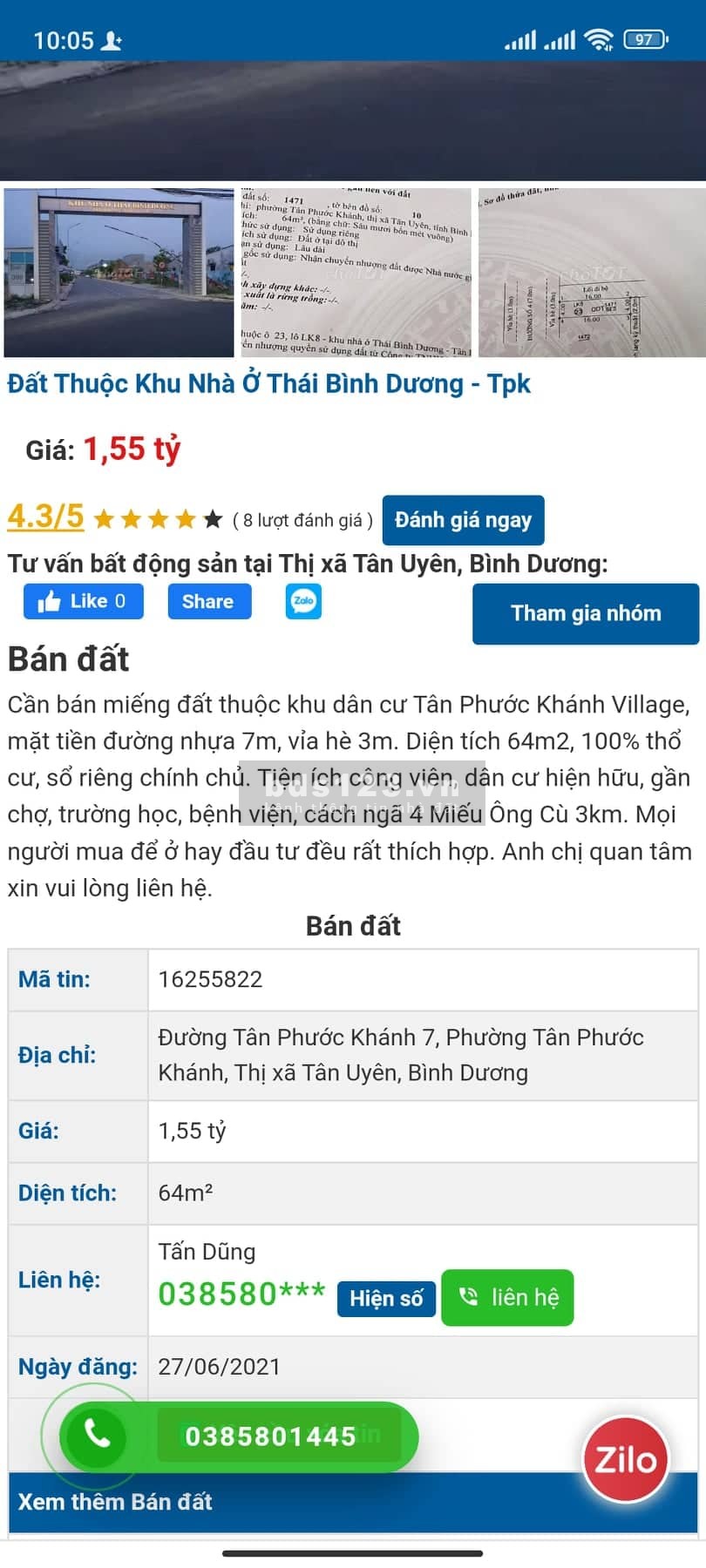 Đất sổ riêng có thổ cư gần trường, chợ Tân Phước Khánh, Tân Uyên