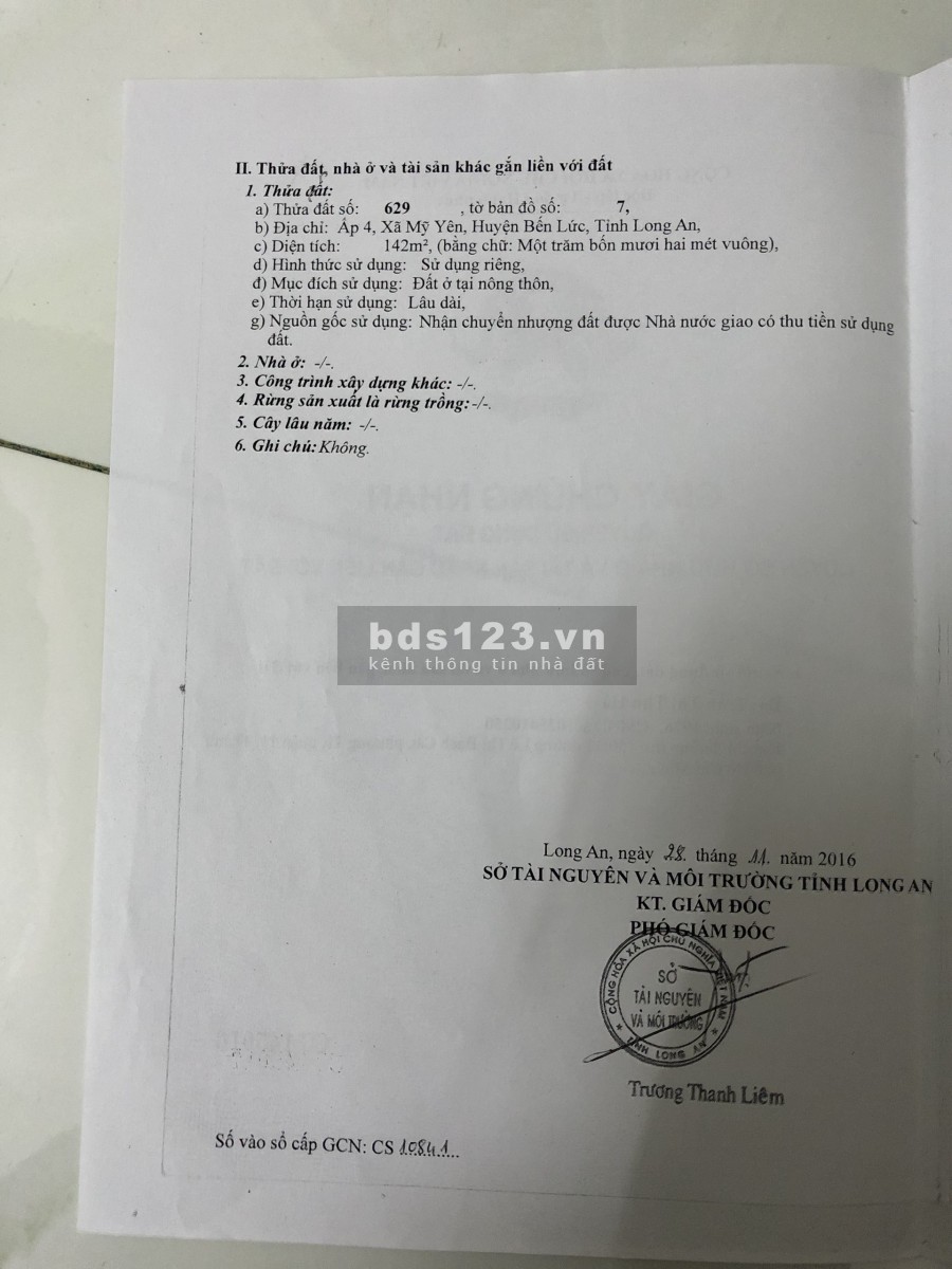 Đất thổ cư mặt tiền đường trường học Mỹ Yên Bến Lức, giá bán 2.85 tỷ, lh 0938921889