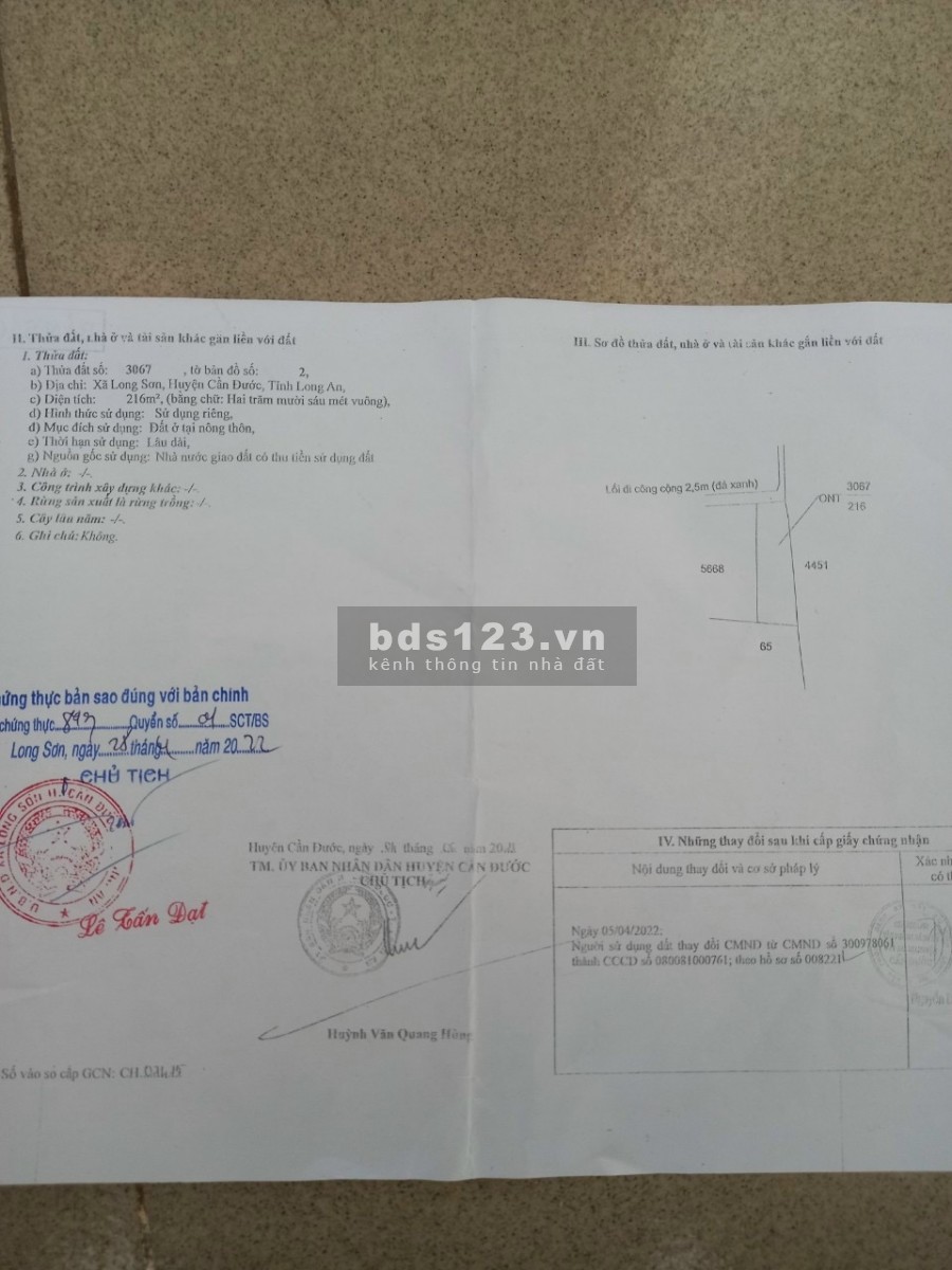 Chính chủ bán 216m thổ ONT giá bán 3 triệ/m2 Xã Long Sơn khu dân cư đông đúc