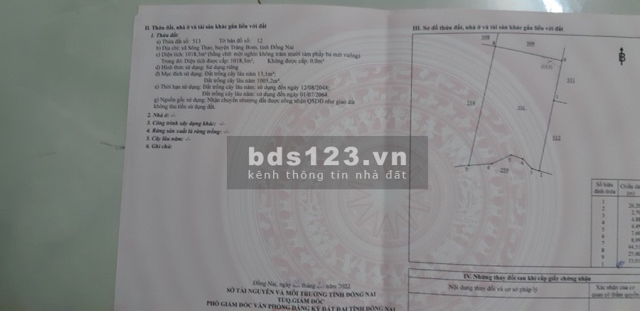Cần bán gấp đất tại xã Sông Thao huyện Trảng Bom giá tốt đầu tư sinh lời 980 triệu/sào