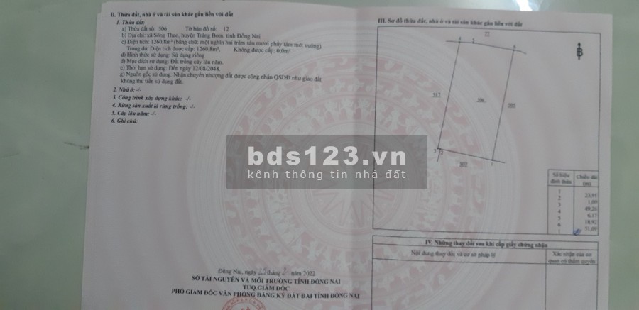 Cần bán gấp đất tại xã Sông Thao huyện Trảng Bom giá tốt đầu tư sinh lời 980 triệu/sào