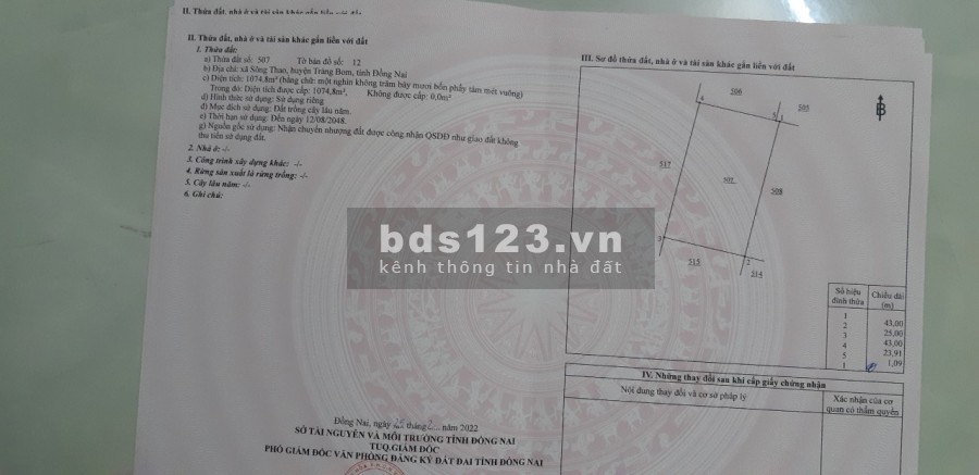 Cần bán gấp đất tại xã Sông Thao huyện Trảng Bom giá tốt đầu tư sinh lời 980 triệu/sào