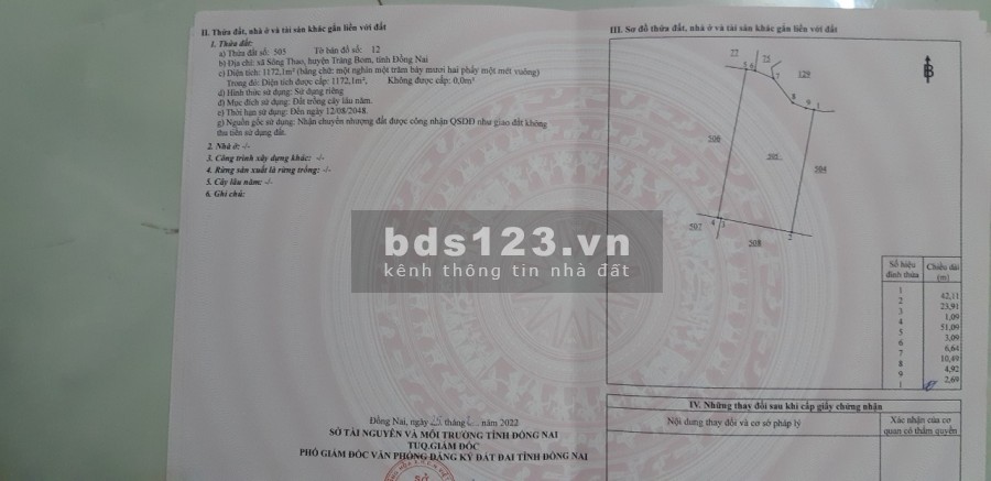 Cần bán gấp đất tại xã Sông Thao huyện Trảng Bom giá tốt đầu tư sinh lời 980 triệu/sào