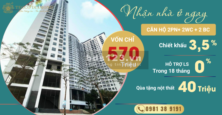 Mở bán đợt cuối căn hộ Tecco Diamond Thanh Trì- chỉ cần 556tr nhận nhà ở ngay- 0981389191