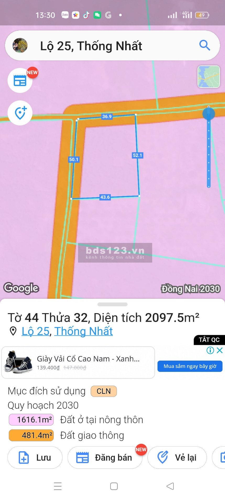 Cần bán đất xã Lộ 25 vị trí đẹp 2 mặt tiền giá tốt, khu dân cư hiện hữu, đầu tư sinh lời