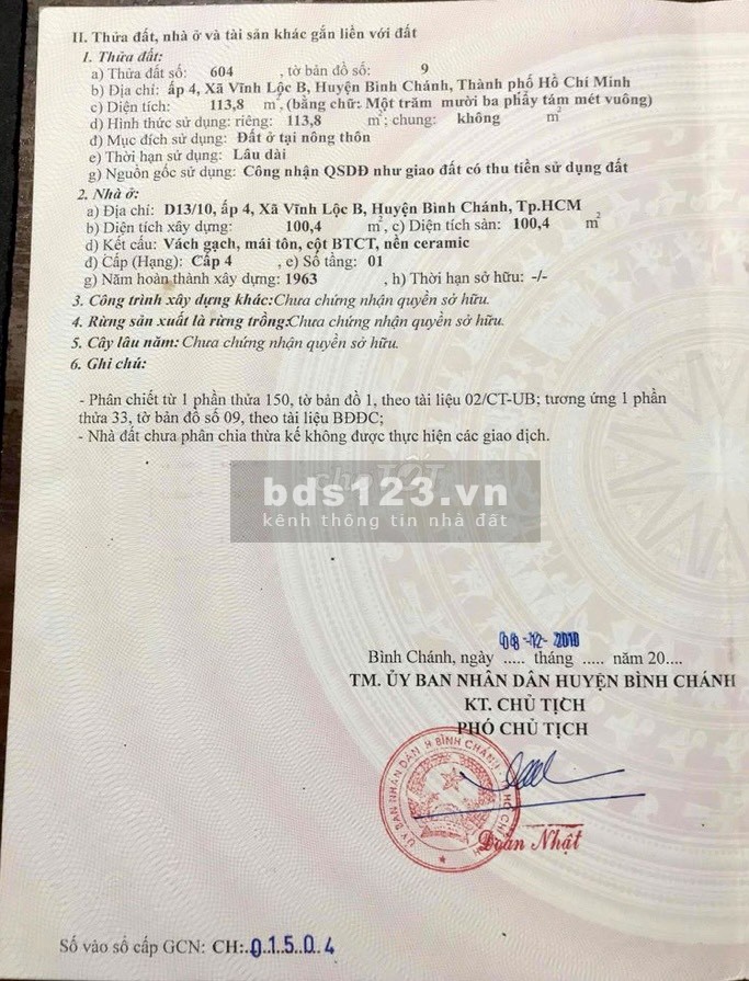 Bán nhà hẻm xe hơi Nguyễn Thị Tú, Vĩnh Lộc B huyện Bình Chánh liên hệ 0937522979