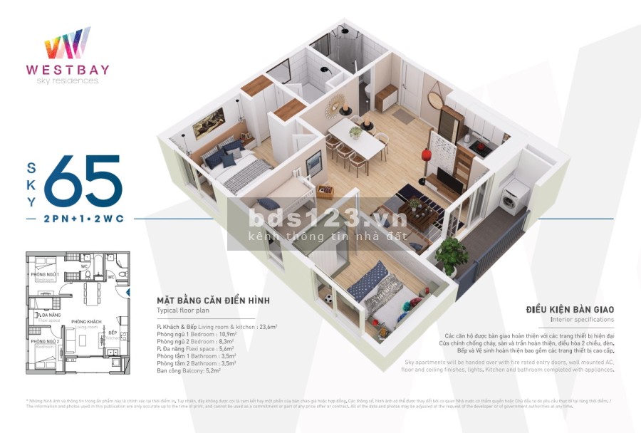 Bán Chung cư tầng 6 WestBay- Ecopark, diện tích sử dụng 65m2, giá bán 2.1 tỷ