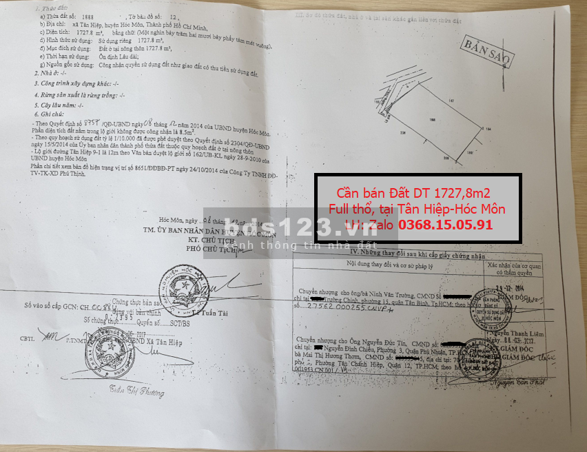 Cần bán đất diện tích sử dụng 1730m2 Full thổ, Hóc Môn, tiện xây kho xưởng