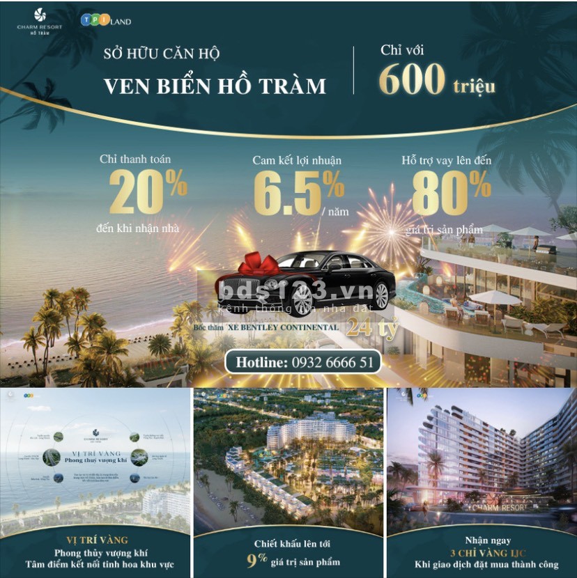 Cam kết lãi suất mức tối thiểu 6.5%,chia sẻ lợi nhuận 90/10 chỉ với 600tr tại Charm Resort Hồ Tràm