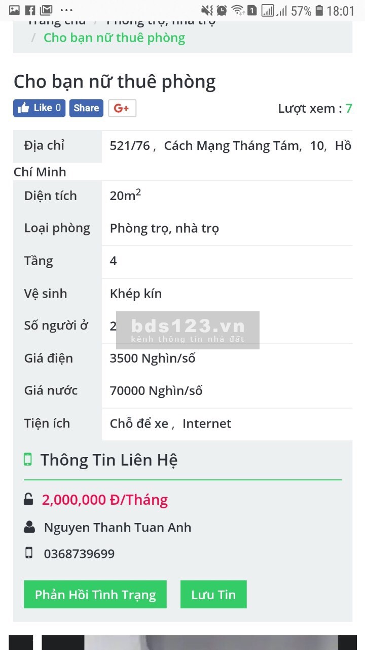 Cho nữ thuê phòng trọ liên hệ chị linh 0368739699 giá 2 triệu/tháng