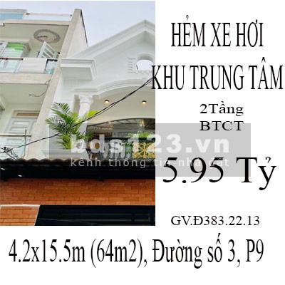 Bán nhà Hẻm Xe Hơi khu trung tâm Phường 9 diện tích 64m2 giá bán 5.95 Tỷ