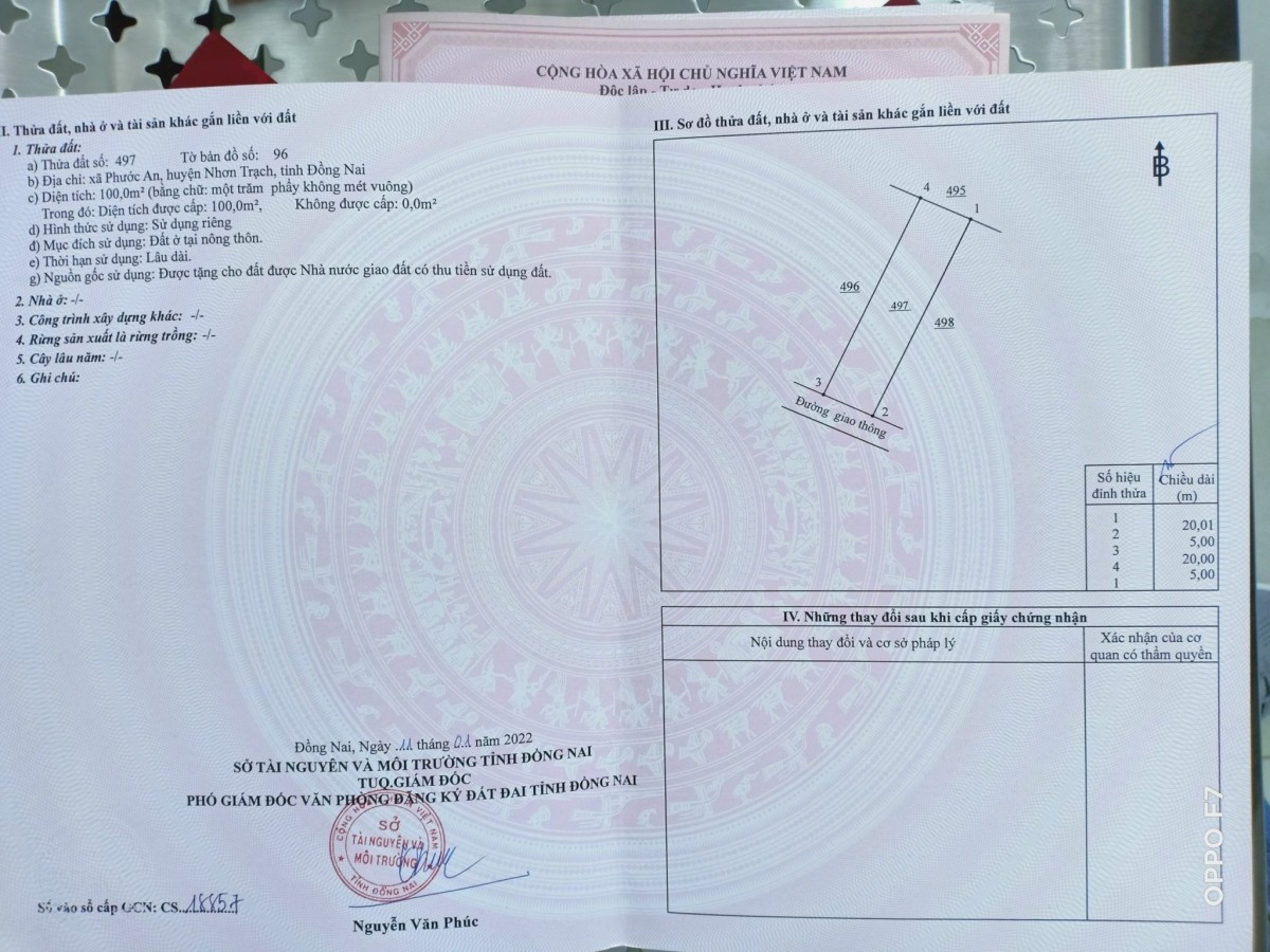 Cần bán gấp nền đất full thổ cư huyện Nhơn Trạch giảm ngay 100 triệu, sổ hồng riêng