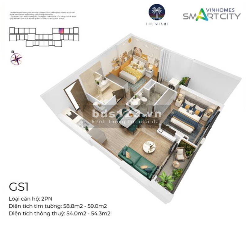 Siêu phẩm 2N 2WC 59m2 hướng Đông Bắc cực mát, rẻ nhất Vinhomes Smart City giá nhỉnh 2,1 tỷ