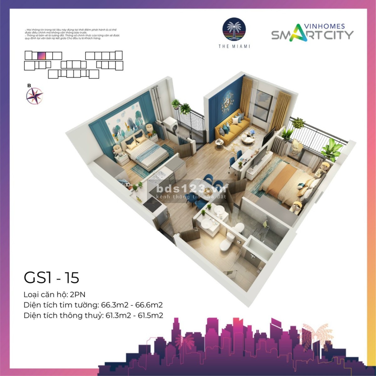 Bán căn hộ 2n2wc 66.6m tầng trung, view thoáng Vinhomes Smart City giá 2.40 Tỷ