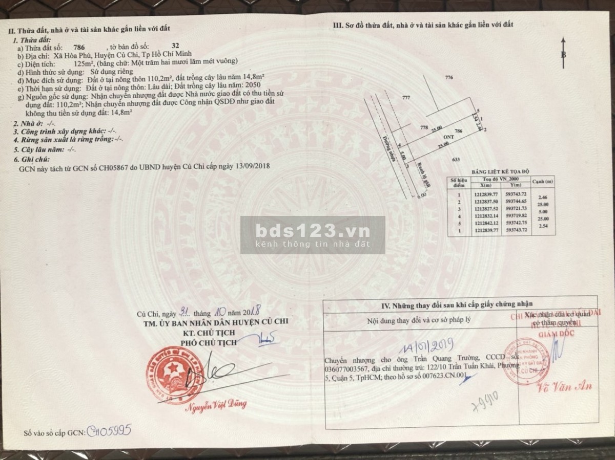 Bán đất nền Full thổ cư 5x25 đường số 237 Hòa Phú Củ Chi, cách đường Bến Than 500m