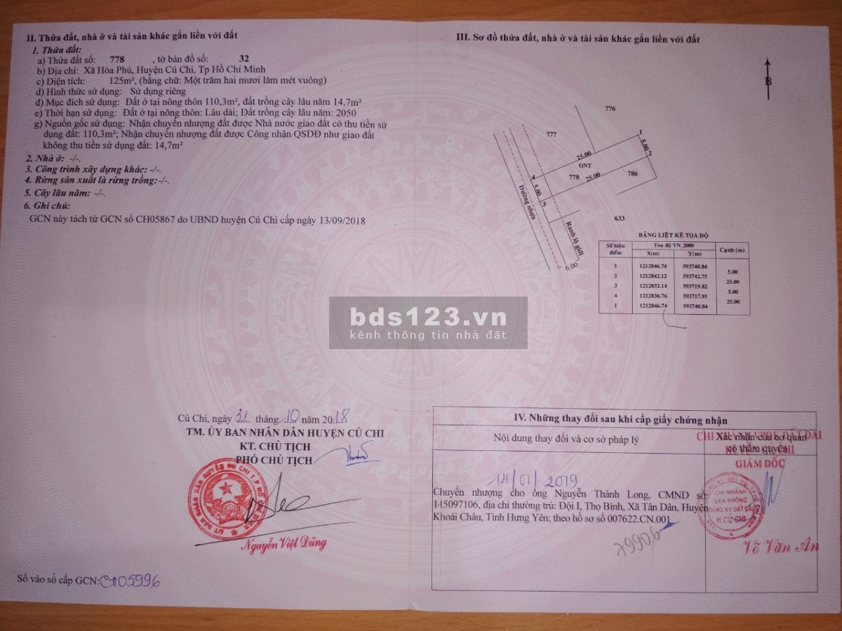 Bán đất nền Full thổ cư 5x25 đường số 237 Hòa Phú Củ Chi, cách đường Bến Than 500m
