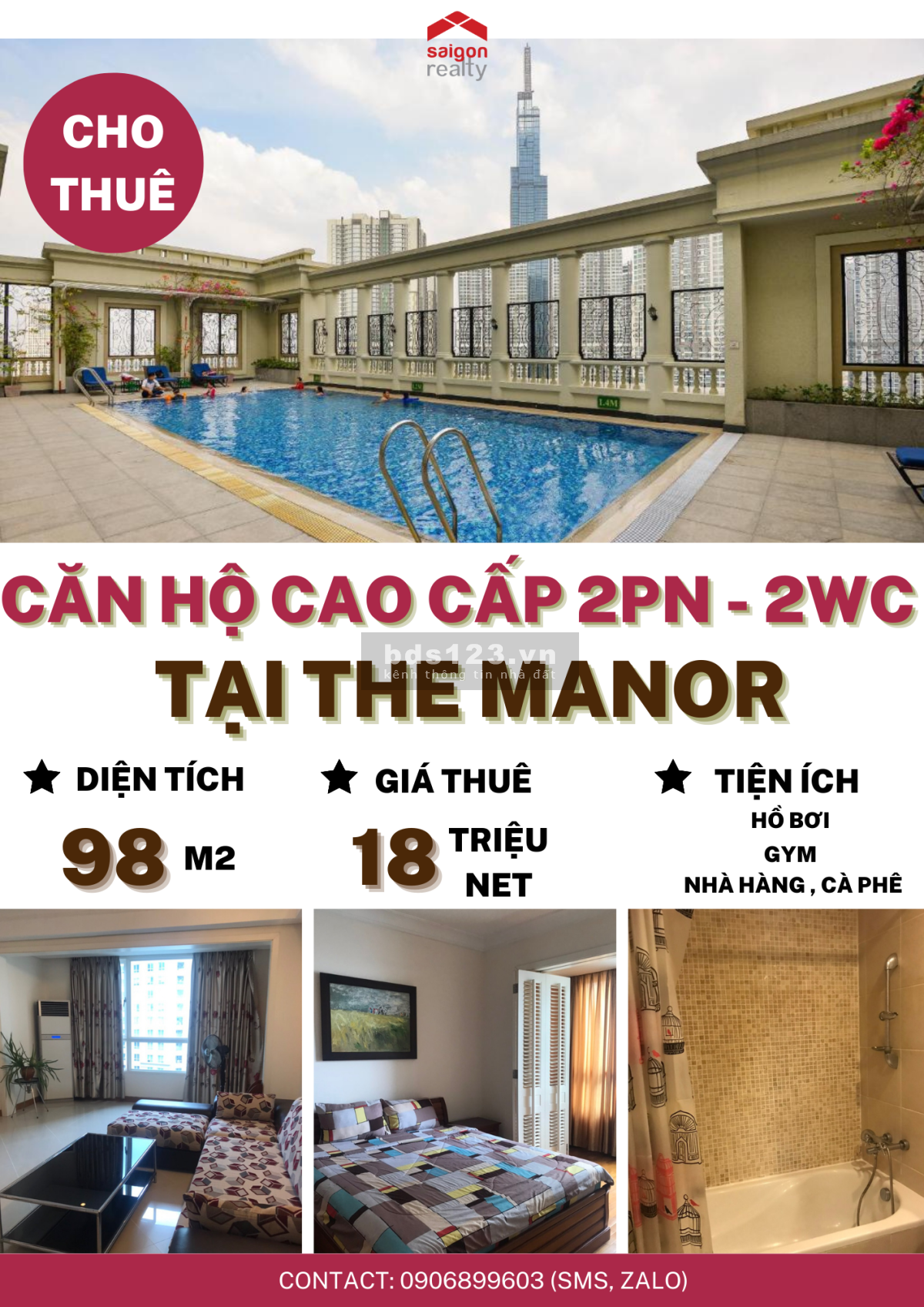 Cho thuê căn hộ cao cấp The Marnor 2 phòng ngủ 18 triệu/tháng, lh 0906899603