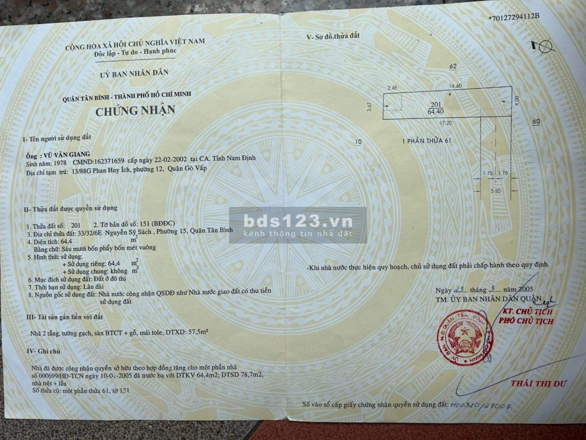 Cần tiền bán nhanh nhà số 33/32/6E đường Nguyễn Sỹ Sách, Tân Bình