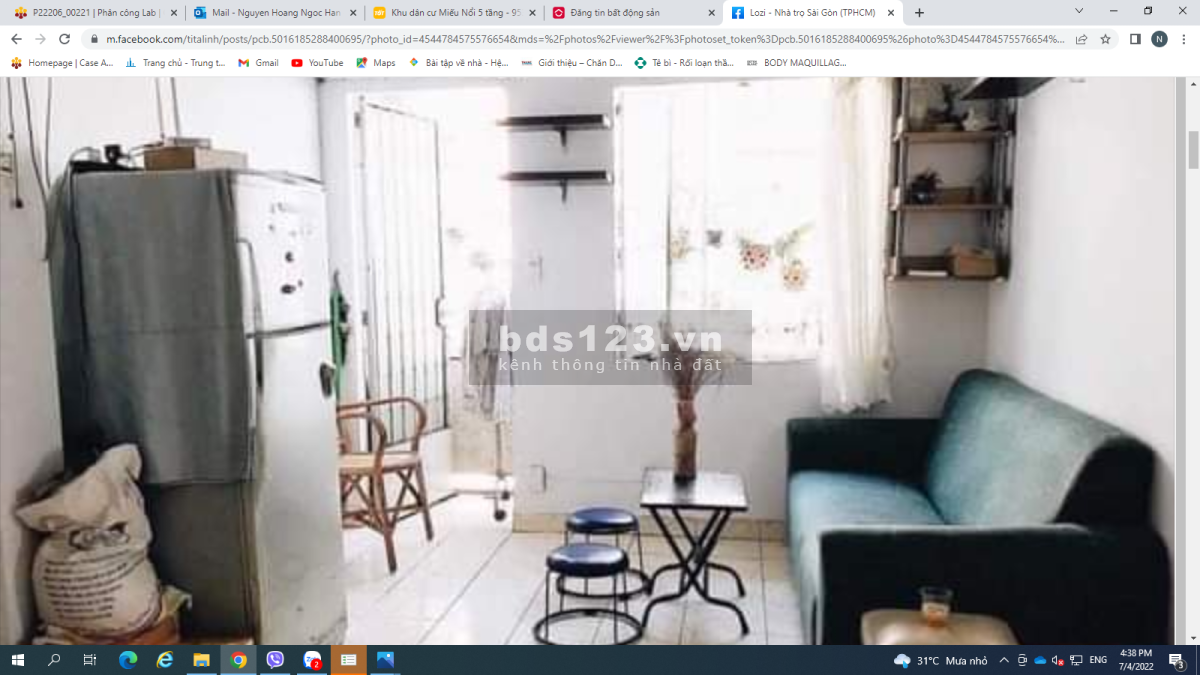 Cho gia đình thuê căn hộ chung cư 3P.N, 1P.VS, 1P.Khach, 1 bếp, 2 ban công, 2 máy lạnh.