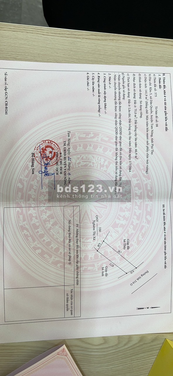 Bán đất mặt đường tỉnh lộ 316 xã Dân Quyền Tam Nông Phú Thọ, giá chỉ 11,xtr/m2