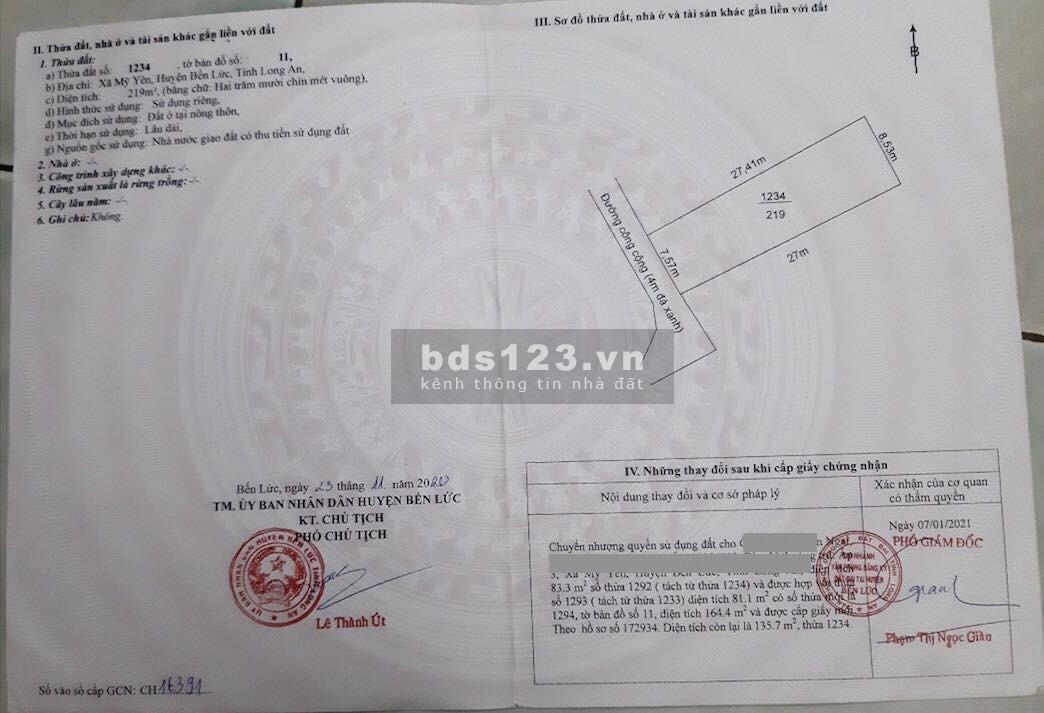 Chính chủ bán mảnh đất tại xã Mỹ Yên, Bến Lức Long An dt 135,7m2 giá 1.65 tỷ