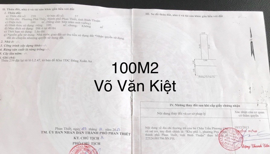 Liên hệ 0933239353 bất động sản Bình Thuận dtsd 100M2 mặt tiền Võ Văn Kiệt giá 7,2 Tỷ
