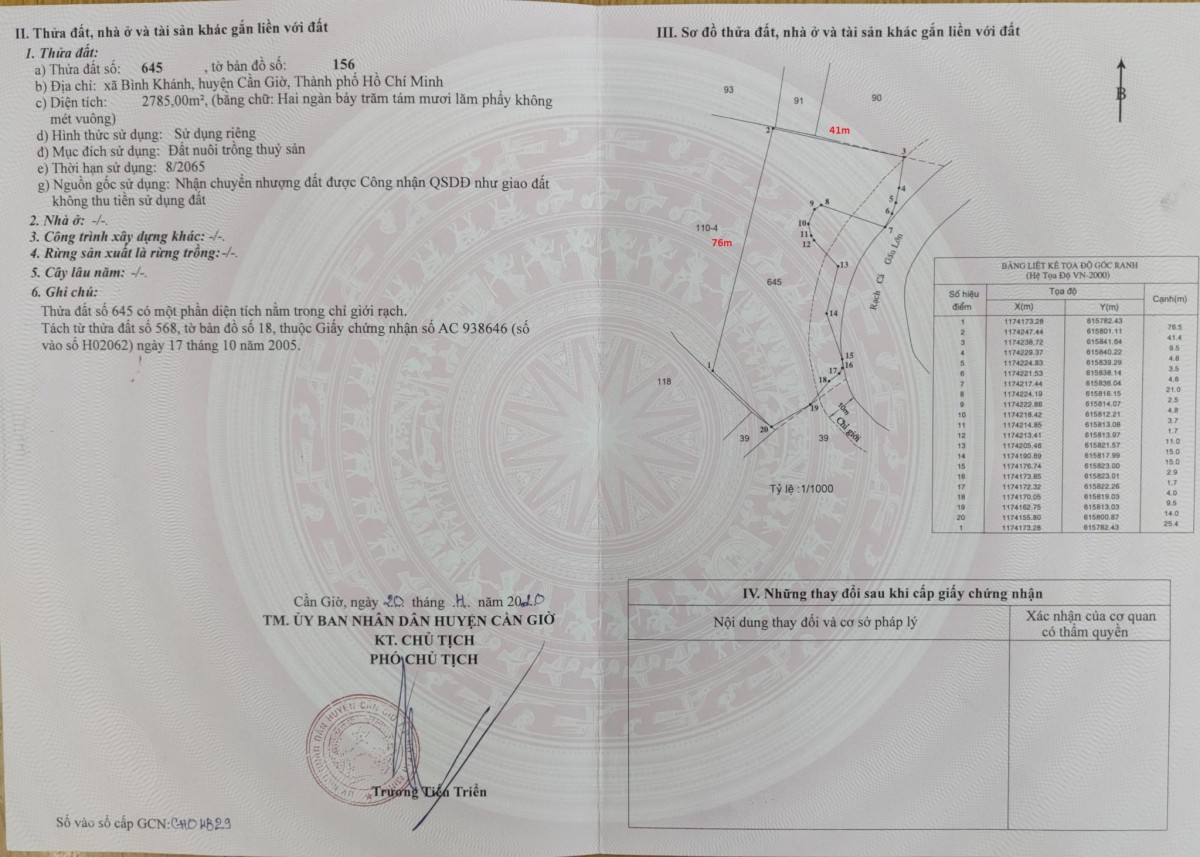 (Hiếm) Đất Tp. HCM diện tích sử dụng 2785m2 giá bán chỉ 2.12tr/m2