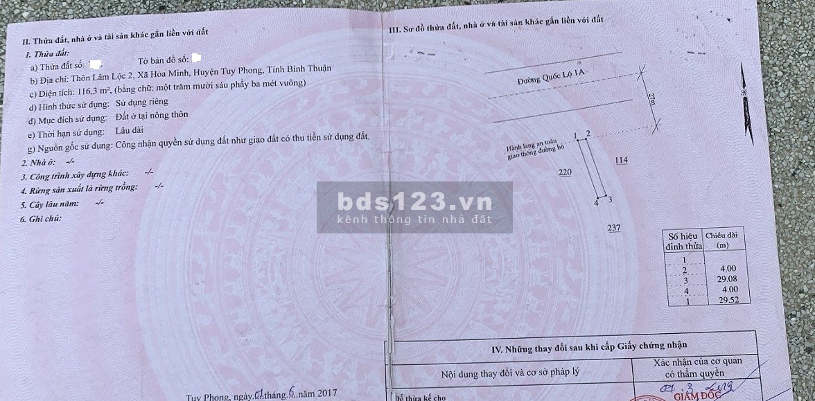 Đất thổ cư gần biển, SHR 116.3m2, Mặt tiền QL1A, ngay KDC Hòa Minh, 1,6 tỷ (còn TL)