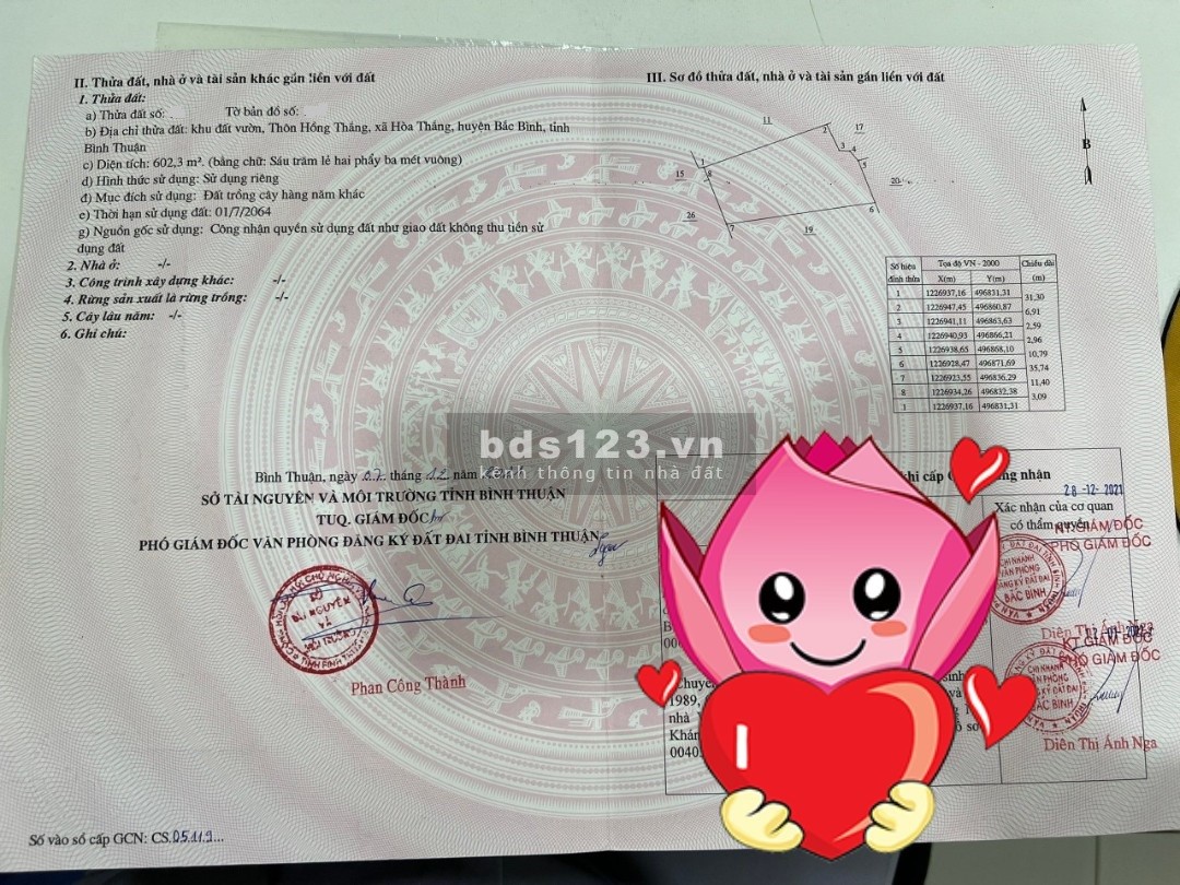 Bán nhanh (602m2/1,626 tỷ) đất Hòa Thắng, QH thổ cư, gần biển, đầy đủ giấy tờ, trong KDC
