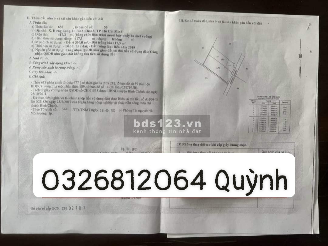Bán gấp lô đất bình chánh 417m2 sổ sẵn, công chứng ngay. Trong đó có 300m2 thổ cư 1tyr8