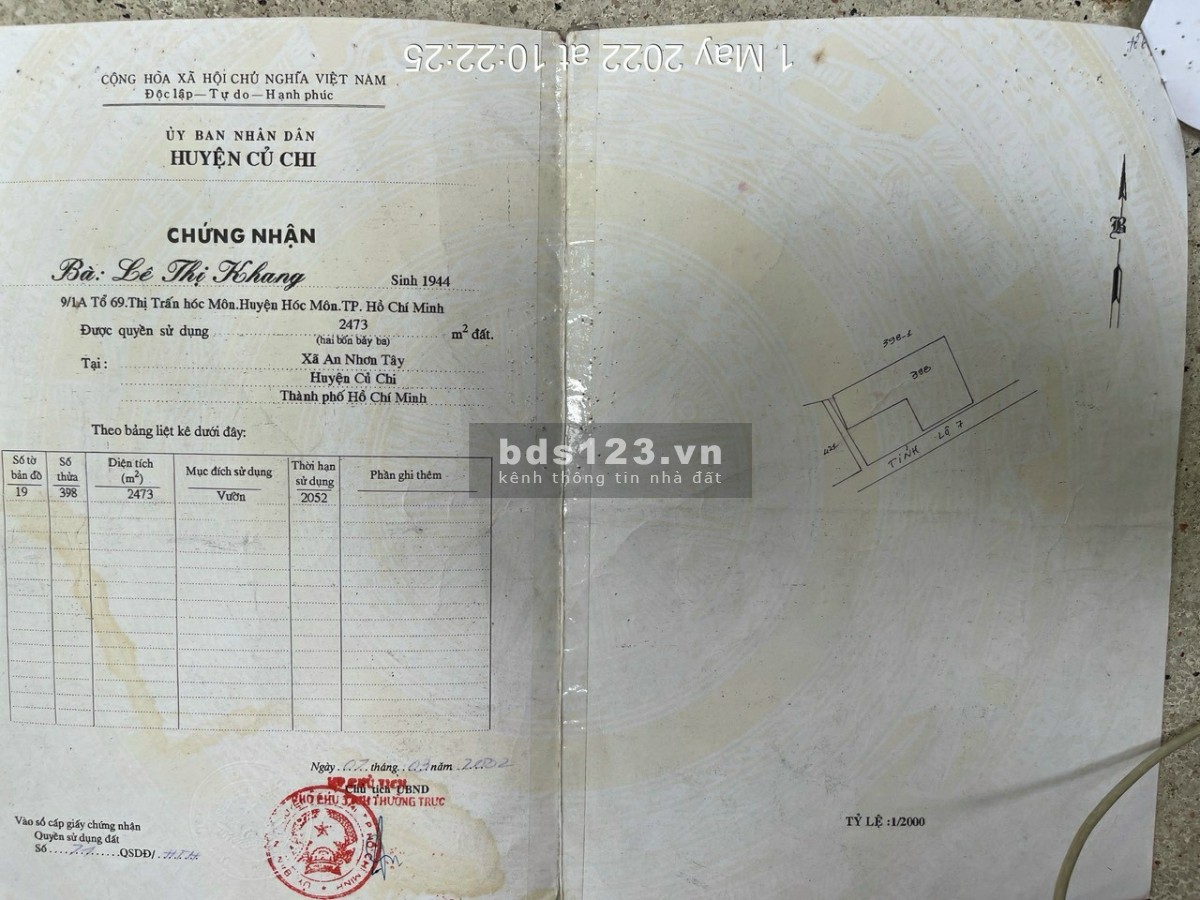 Củ Chi 2 mặt tiền Tỉnh Lộ 7 Nguyễn Thị Rành, dtsd 35x70m dtsd 2473m2, giá chỉ 30 tỷ