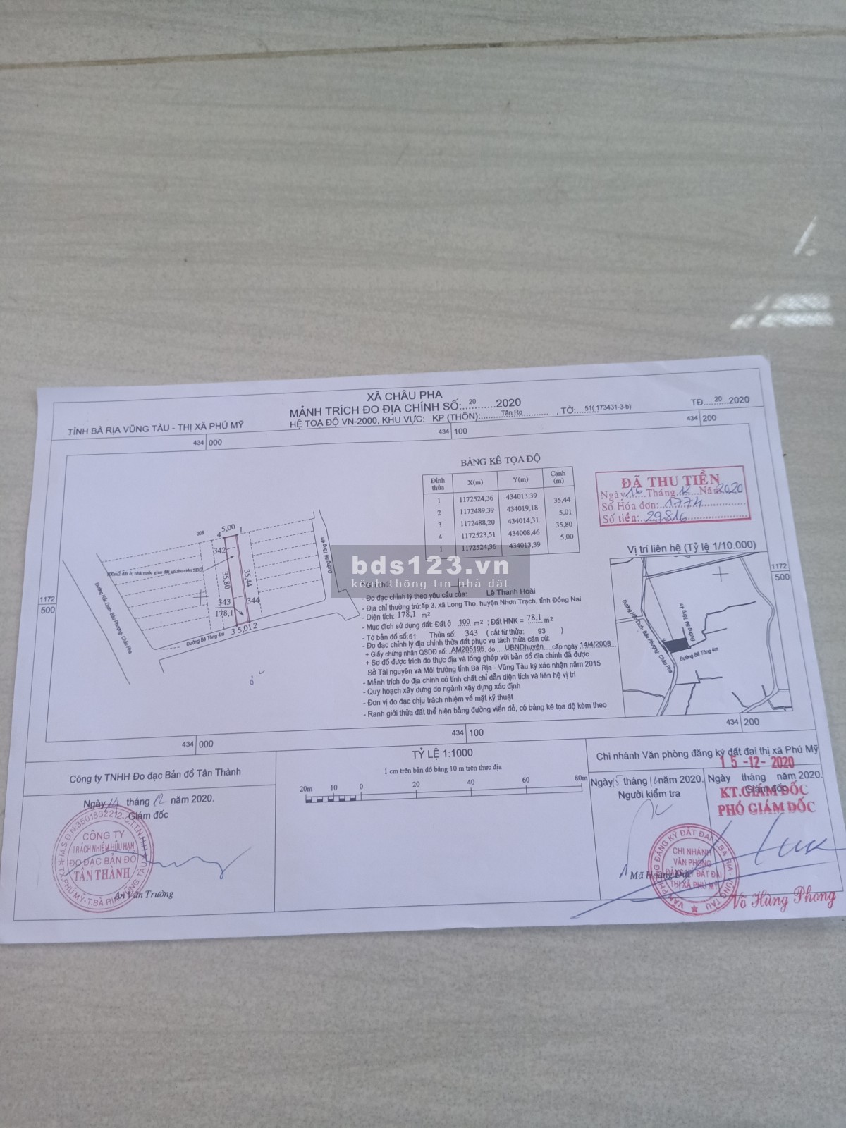 Cần bán 178m đất có thổ cư ở Châu Pha, Phú Mỹ, Bà Rịa Vũng Tàu