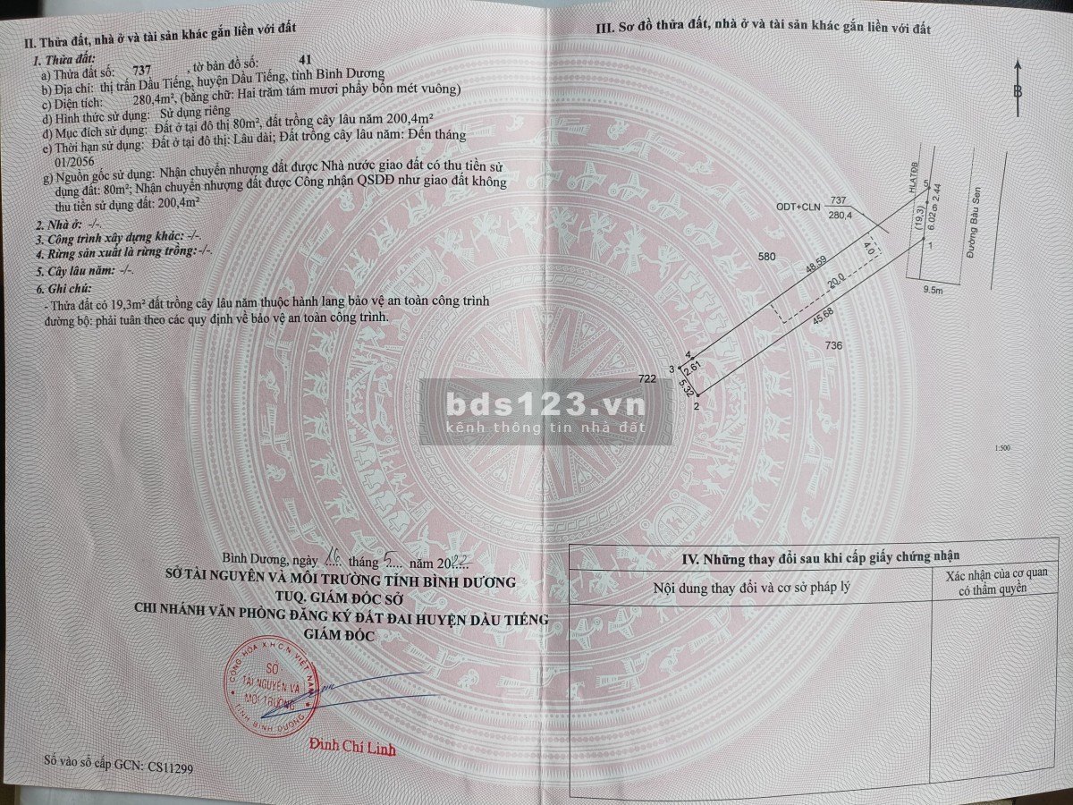 Cần bán gấp lô đất mặt tiền nhựa Bàu Sen khu phố 6 thị trấn Dầu Tiếng diện tích 280m2 giá 1ty250tr