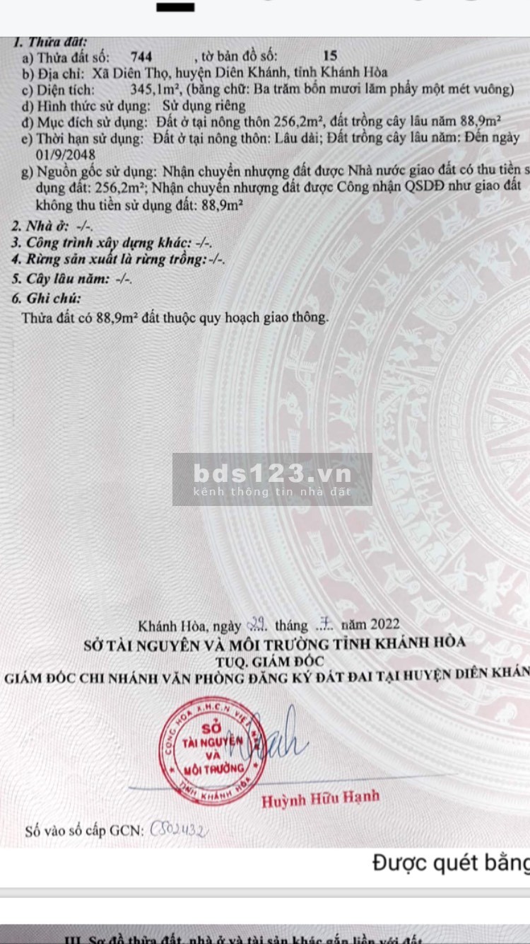 Kẹt tiền bán đất mặt tiền TL2 Diên Thọ giá cả thương lượng lh 0797823459