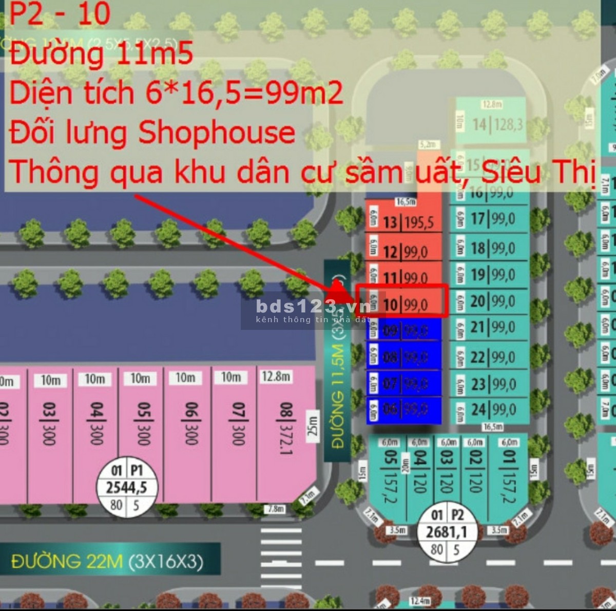 Duy nhất lô lưng shophouse P2-10 giá bán 1.2 tỷ chiếu khấu 8%