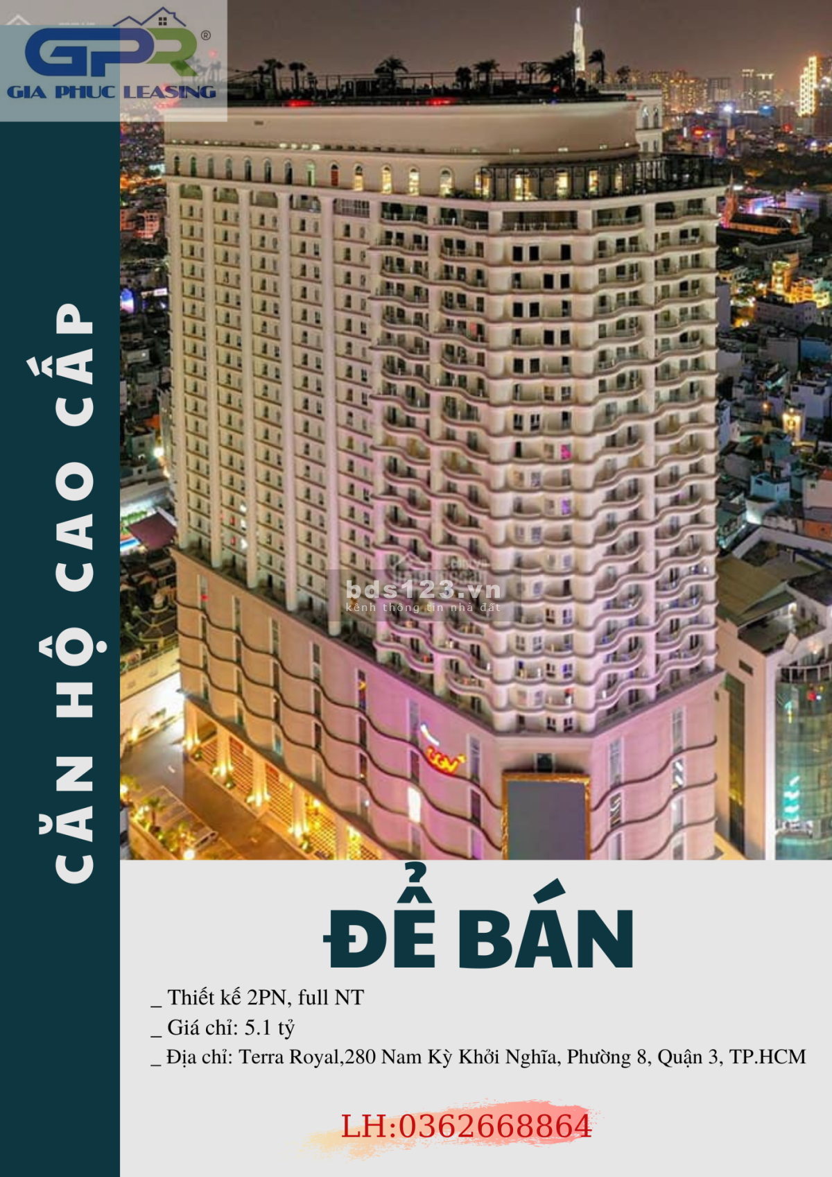 Căn hộ Terra Royal Quận 3, diện tích 58m2, 2PN, cần bán 5.x tỷ
