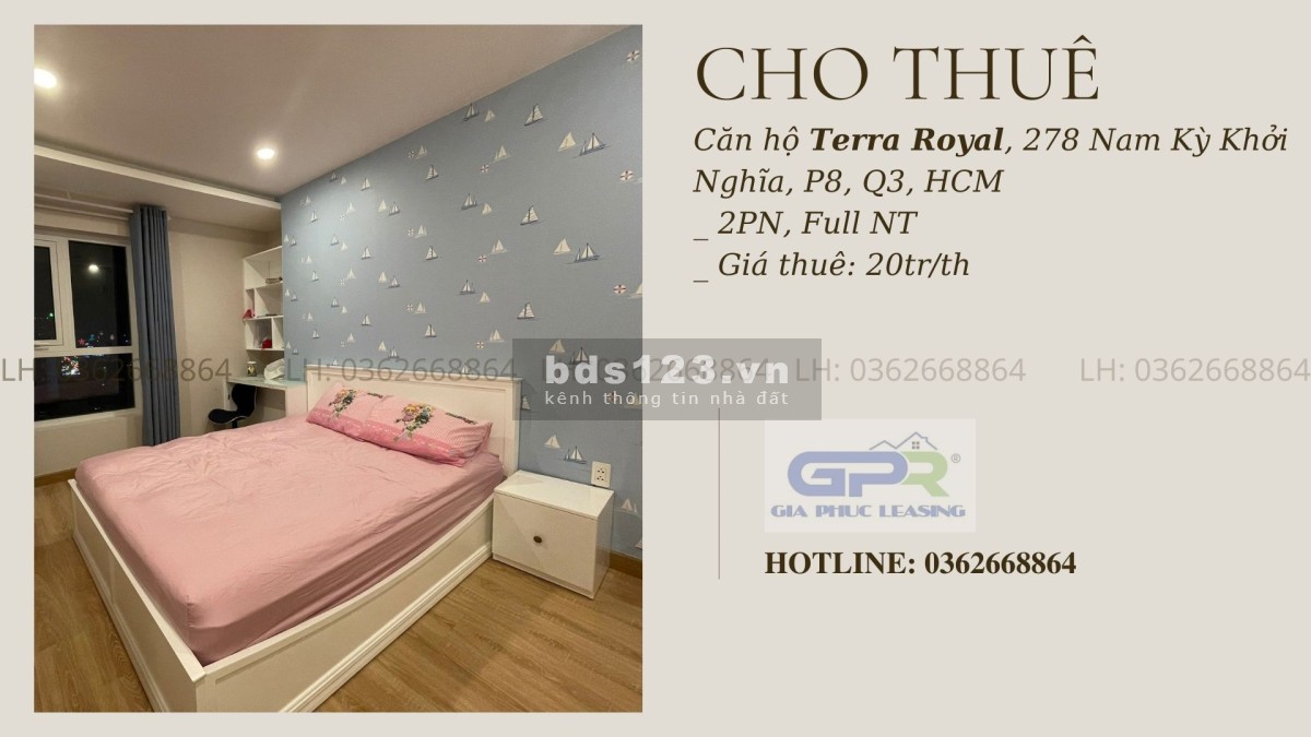 Cho thuê căn hộ chung cư Terra Royal, Q3, 58m2, 2PN, giá 20 tr/th. LH 0362668864