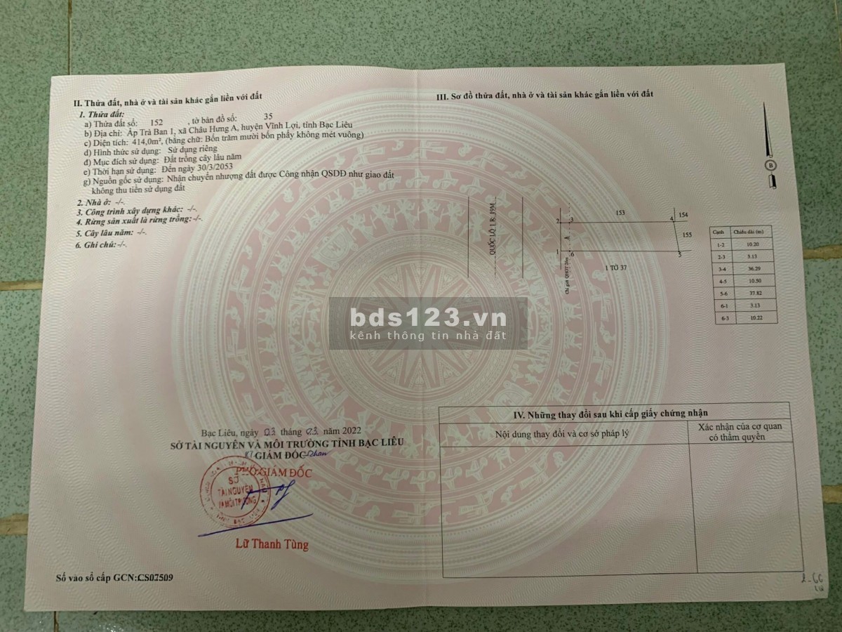 Bán nền đẹp chính chủ 100%, mặt tiền quốc lộ 1A, diện tích 414m2