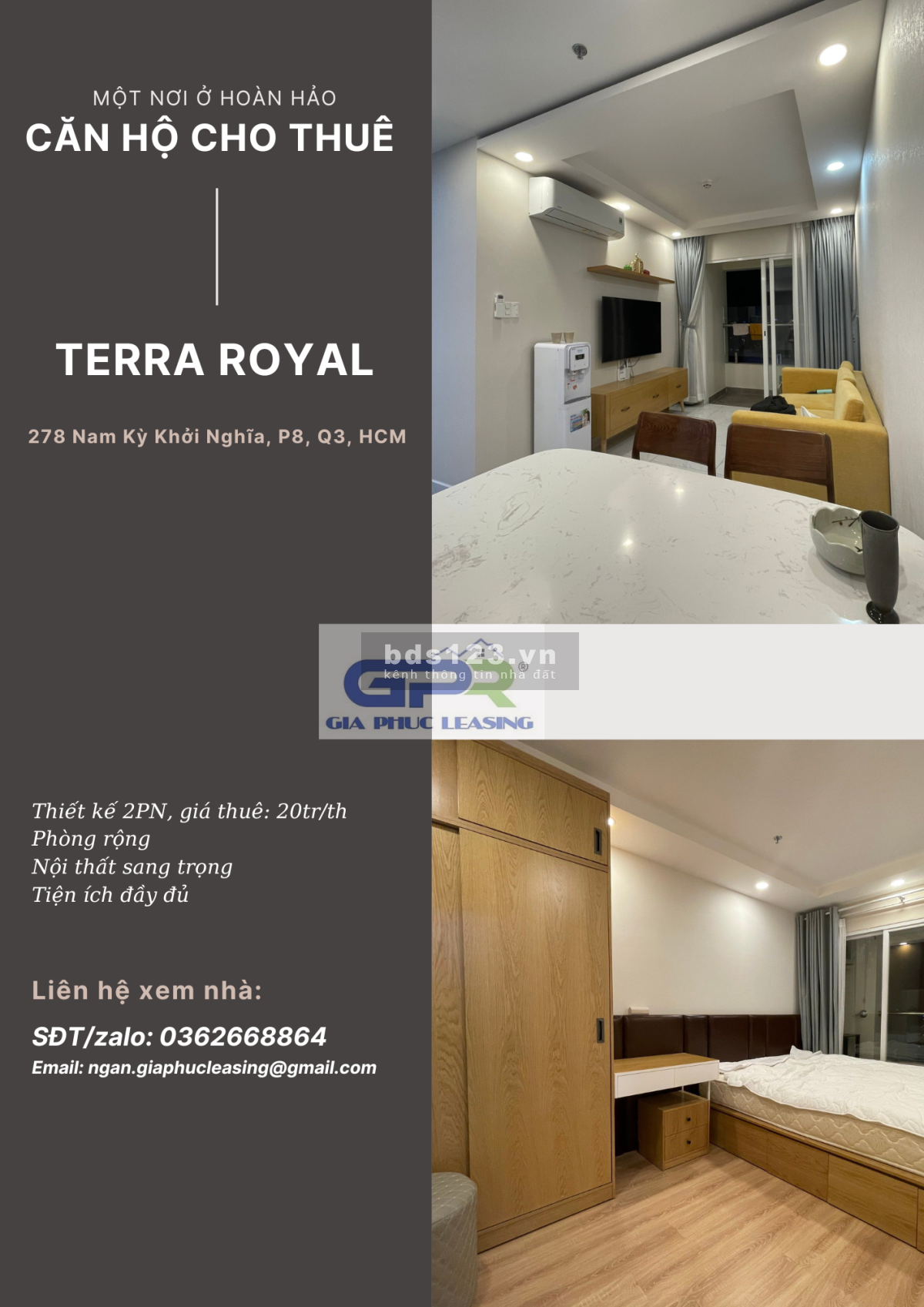 Căn 2PN, full NT sang trọng Terra Royal CHO THUÊ giá 20tr/th