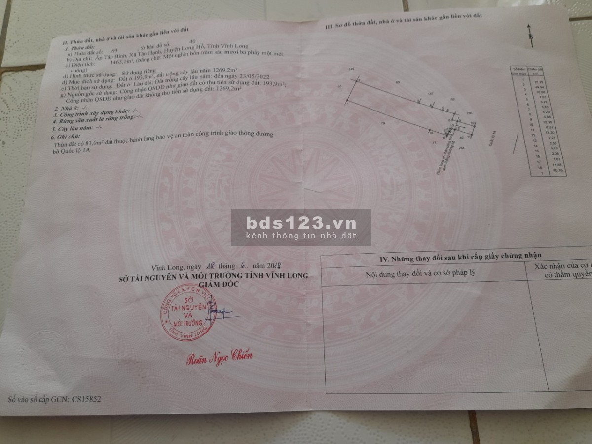 Bán Đất Chính Chủ Mặt Tiền Quốc Lộ 1A - Vĩnh Long giá đầu tư