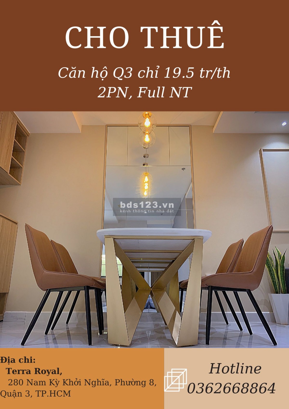 Chung cư 2PN, Terrra Quận 3, full nội thất giá tốt, cho thuê 19.5tr/th