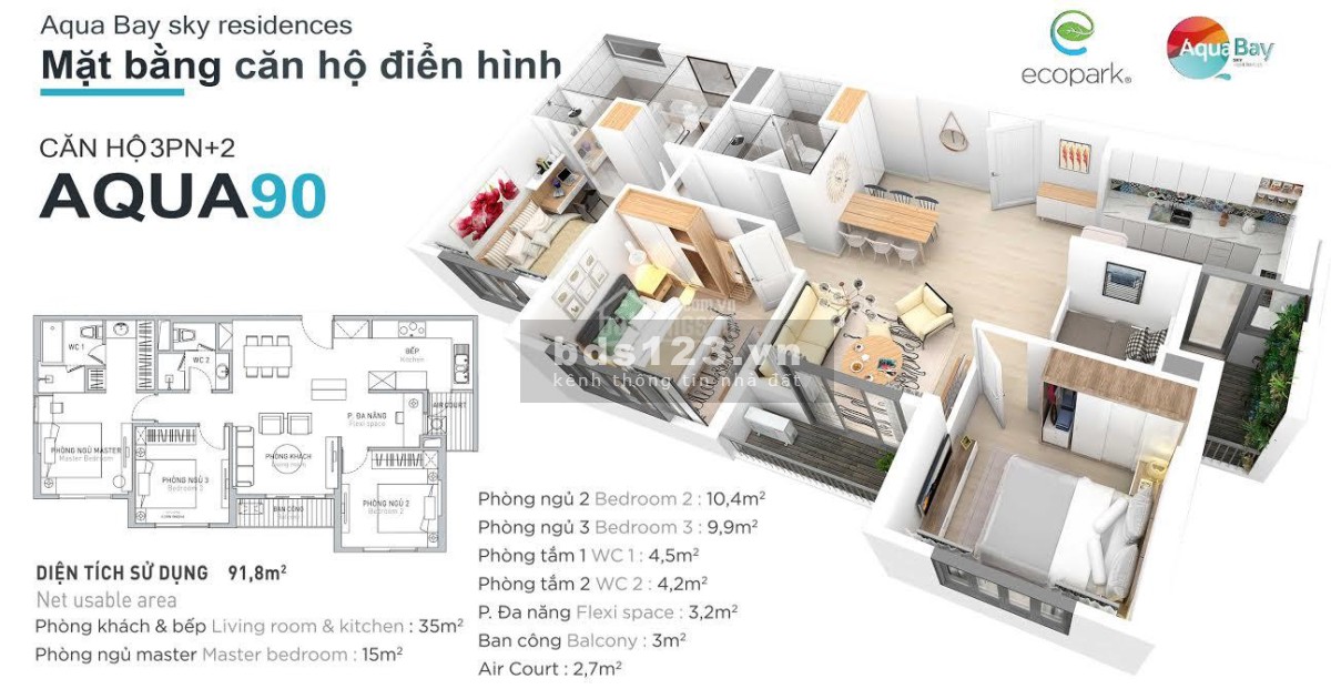 Bán căn hộ tòa Sky Aquabay hướng Đông Nam DT 90m² 3 PN + 2 WC thoáng mát giá 3,5 tỷ đồng