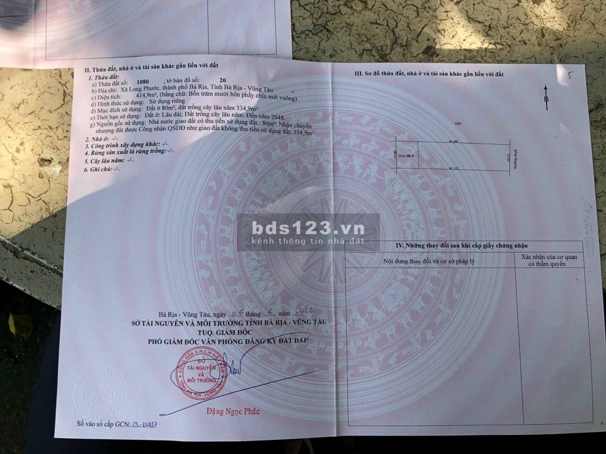 Đất nền thành phố Bà Rịa dtsd 414m2, giá rẻ 2.9 tỷ, quy hoạch nhà vườn biệt thự