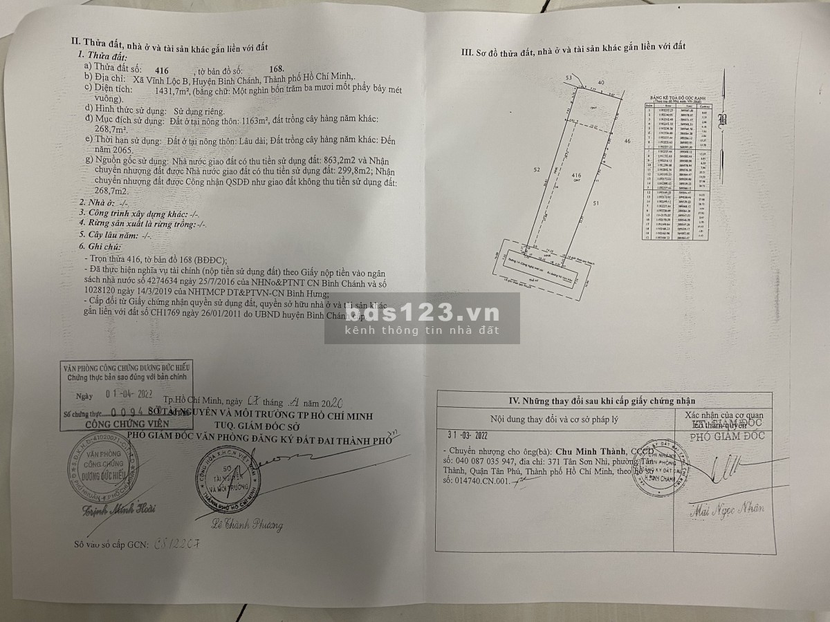 Bán lô đất Mặt Tiền 1A diện tích 2686,2 m2 Full thổ cư, xã Vĩnh Lộc B, Bình Chánh