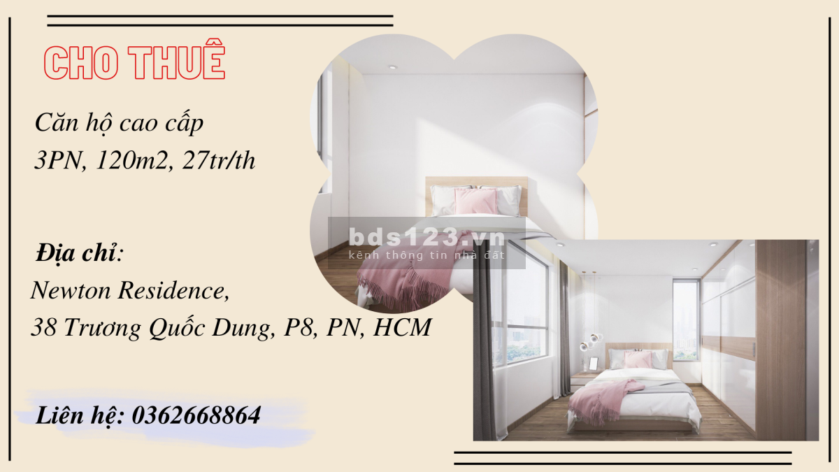 Cho thuê CHCC Newton Residence, Phú Nhuận, dtsd 110m2, 3PN giá 27tr/th. LH 0362668864