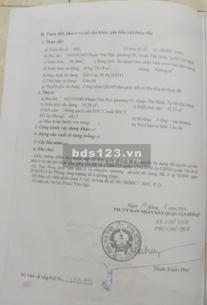 Bán nhà 1 trệt 3 lầu hẻm 107 Phạm Văn Hai P3 Tân Bình lh 0909342693