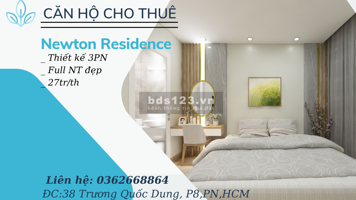 Cho thuê gấp CC Newton, Q. Phú Nhuận, DT 100m2, 3PN, giá 27tr/th, nhà đẹp, giá rẻ. LH: 0362668864